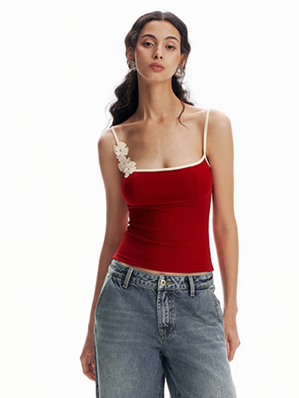 Commense Red Tank Top with Cream Floral Straps